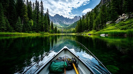 Poster - Serene mountain lake canoe trip, clear water, forest reflection