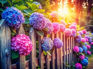 Wall Mural - Whimsical Watercolor Hydrangea Fence: Summer Botanical Portrait Photography