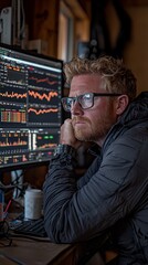 Poster - Man analyzes stock market data at home office