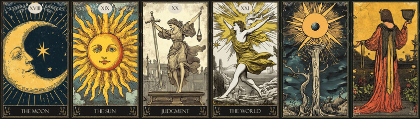 Wall Mural - vintage vintage style deck of tarot cards. magical predictions of the future, mysterious characters.	