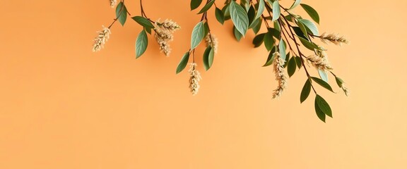 Wall Mural - an image of a vase with flowers and leaves on a orange wall, there is a vase with flowers and leaves on a table