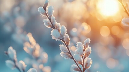 Aufkleber - Delicate willow catkins, adorned with soft frost, catch the light of the morning sun. The tranquil atmosphere creates a picturesque winter wonderland, evoking a sense of calm beauty