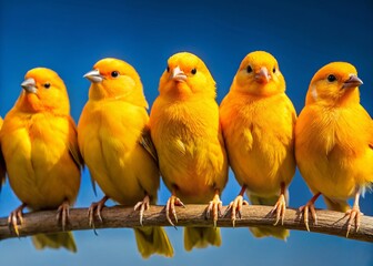 Wall Mural - Yellow Saffron Finches Flock, Blue Sky, Low Light, Cute Birds