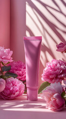 Wall Mural - pink cosmetic tube surrounded by blooming peonies creates serene and elegant atmosphere. soft shadows add depth, enhancing beauty of floral arrangement