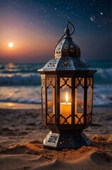 Wall Mural - beautiful lantern on sandy beach during sunset with gentle waves in the background