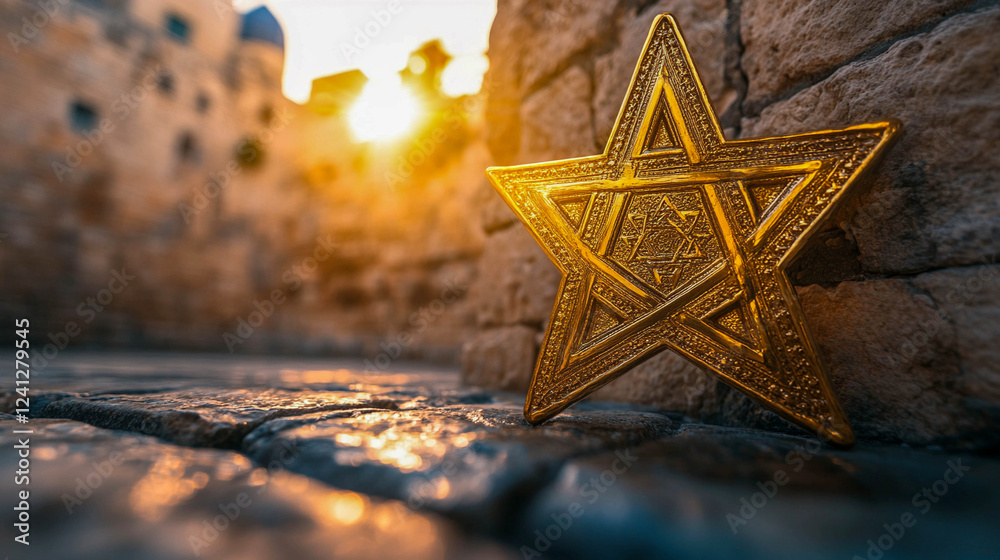 The six-pointed star of David made of golden metal lies on the stone ...
