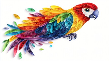 Wall Mural - Colorful paper quilling parrot art, white background, craft, decoration