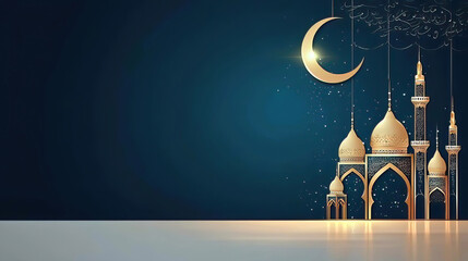 Poster - Ramadan symbolizes purity prayer and charity under the crescent. Golden Mosque and Crescent Moon Against a Dark Background