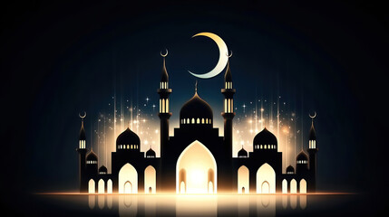 Poster - Ramadan symbolizes purity prayer and charity under the crescent. Elegant Silhouette of Mosque with Crescent Moon and Stars