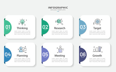 Fototapete - Infographic template. 6 Step timeline journey, Flat simple infographics design template. presentation graph. Business concept with numbers 6 options or steps vector illustration.