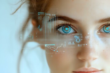 Poster - Futuristic close up of bright blue eyes with digital holographic data overlay and financial charts displaying advanced technology interface.
