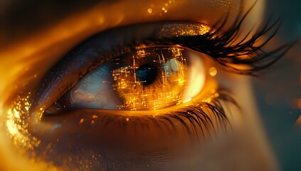 Poster - Extreme macro of golden human eye with digital city reflection in iris, glowing with magical light effects and long eyelashes against dark background.