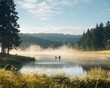 © ABIDZAR ALFAREZ - Misty morning lake, two people kayaking, peaceful forest