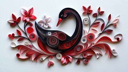 Wall Mural - Red floral paper swan art