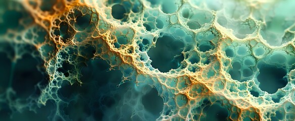 Poster - Microscopic view of cellular structure with glowing orange and teal patterns showing intricate network of biological connections against dark background.