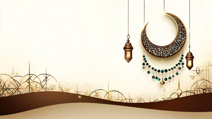 Poster - Ramadan symbolizes purity prayer and charity under the crescent. Elegant Islamic Lantern and Crescent Moon Design Background