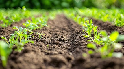 Sticker - Rows of Young Plants in Soil Growing in a Garden Bed on a Summer Day.