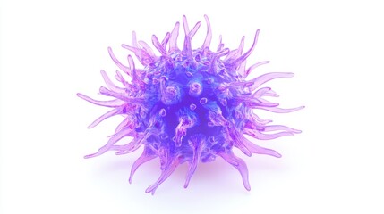 Poster - A glowing purple virus particle with intricate surface details, ideal for illustrating infectious disease research. White background.