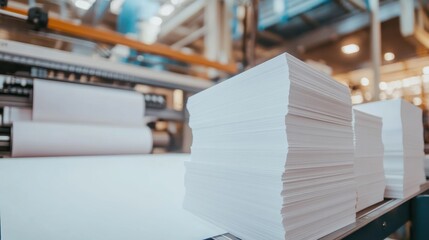 Poster - Paper Stacks in a Modern Printing Facility with Machinery in Action
