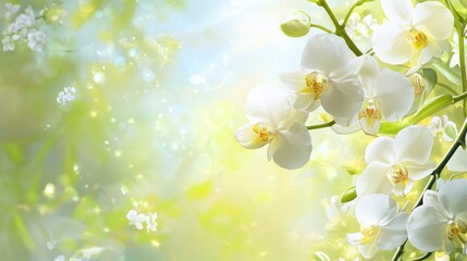 Poster - Delicate white orchids bloom gracefully, surrounded by lush greenery. Soft sunlight filters through, creating a serene atmosphere that enchants the senses