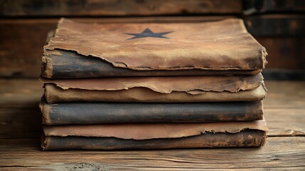 Aged leather-bound books stacked on a rustic wooden surface with a star emblem, evoking nostalgia