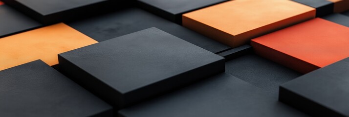 Poster - A black and orange square is shown in a pattern of squares. The squares are black and orange, and they are arranged in a way that creates a sense of depth and texture. The image has a modern