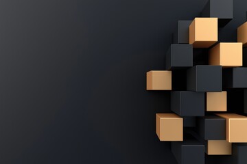 Poster - A black and gold cube wall with a black background. The cubes are arranged in a way that creates a sense of depth and dimension. The contrast between the black