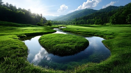 Wall Mural - Serene mountain valley stream, lush green meadow, sunlit landscape, nature background, ideal for travel brochures