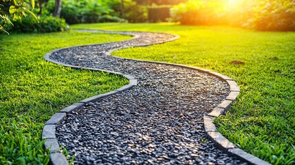 Sticker - Winding garden path, sunset, green grass, relaxation