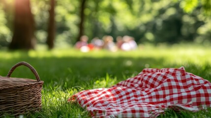 Red checkered picnic blanket spread on green grass in peaceful outdoor setting