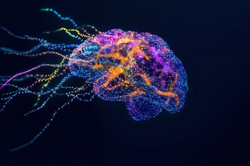 Poster - Glowing neural network in shape of human brain with colorful particle streams showing synaptic connections on dark background, representing artificial intelligence.
