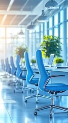 Poster - Modern office, blue chairs, desks, sunlight, plants