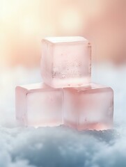 Poster - Frosted pink ice cubes stacked in ethereal composition against misty background, creating soft dreamy atmosphere with delicate rose-tinted glow and crystalline texture.