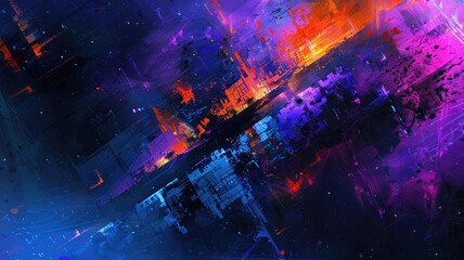 Poster - Explore a stunning cyberpunk abstract background featuring a dynamic interplay of blue, purple, and orange hues. Perfect for digital projects.
