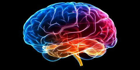 Poster - Glowing multicolored human brain anatomy visualization on black background shows neural activity and different regions with vibrant blue, purple, and red gradient effects.