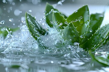 Poster - Fresh green leaves splashing in clear water with dynamic water drops and ripples creating refreshing natural composition in cool tones.
