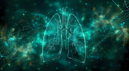 Poster - Anatomical lungs outline glowing on turquoise background with molecular structure and particles. Medical science concept for respiratory health research.