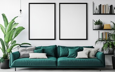 A modern living room with two large black frames on the wall above an emerald blue sofa. The frames are blank for mockups. Plants and books are arranged around them, with shelves in the background.