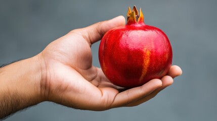 Wall Mural - A hand gently holds a ripe red pomegranate showcasing its vibrant color and textured skin.