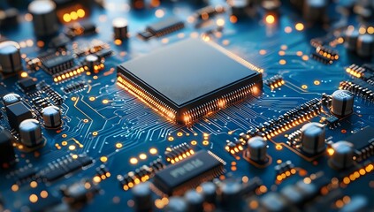 Poster - Microprocessor chip on blue circuit board with glowing orange elements and electronic components in macro photography, technology concept for computing.