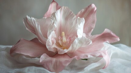 Aufkleber - A stunning flower unfolds its layers, showcasing shades of soft pink and white. Set against a subtle backdrop, this bloom radiates grace and tranquility, inviting peace
