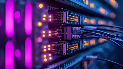 Poster - Network server equipment with glowing pink and blue LED indicators showing active data transfer and connectivity in modern datacenter.
