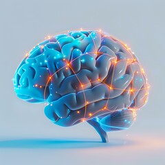 Poster - Glowing blue human brain with orange neural network connections and synapses on light background, representing artificial intelligence and cognitive function.