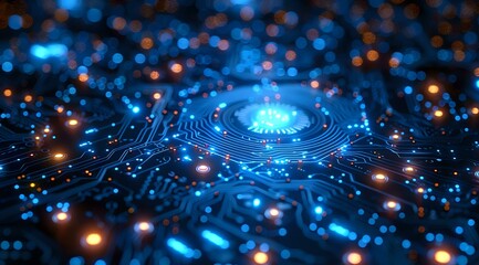 Poster - Glowing blue circuit board pattern with orange light effects and depth of field, representing digital technology and artificial intelligence advancement.