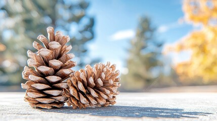 Wall Mural - Two frosted pine cones on snowy ground, autumn forest background, nature holiday card