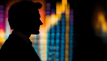 Poster - Businessman Profile Silhouette Against Colorful Abstract Digital Background Representing Financial Growth and Success in a Corporate Environment