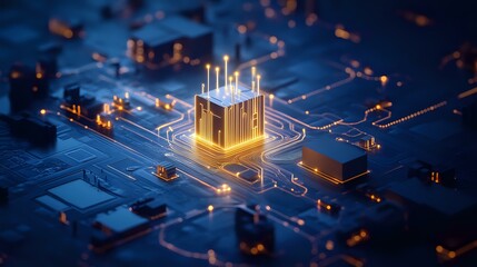 Poster - Glowing central processor unit on circuit board with futuristic neon connections and digital pathways in deep blue tones. Modern technology concept for computing power.