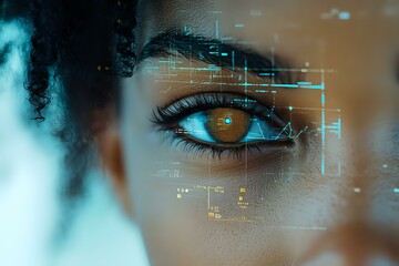 Poster - Close up of brown eye with digital interface overlay showing biometric scanning and data analysis, futuristic technology concept for security systems.