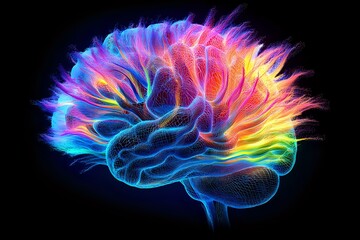 Poster - Vibrant multicolored brain visualization with glowing neon effect showing neural activity and consciousness against black background, medical science concept.