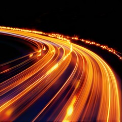 Poster - Long exposure light trails on curved highway at night showing glowing orange and yellow streaks against dark background, capturing speed and motion in modern transportation.
